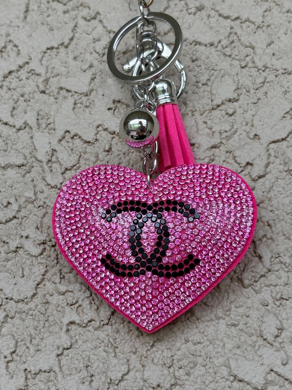 Vibrant Pink Crystal Heart Keychain with Black Monogram - Picture 4 of 6